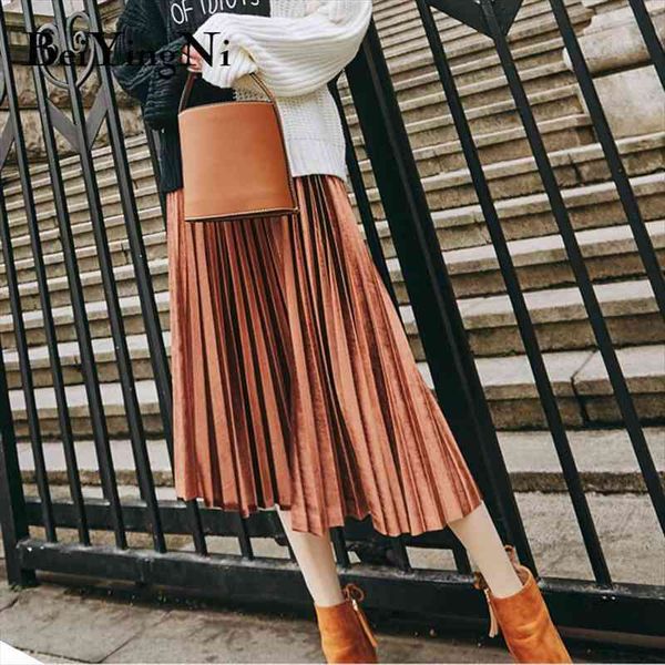

autumn winter gold velvet womens skirts casual solid 12colors high elastic waist pleated midi vintage kpop, Black