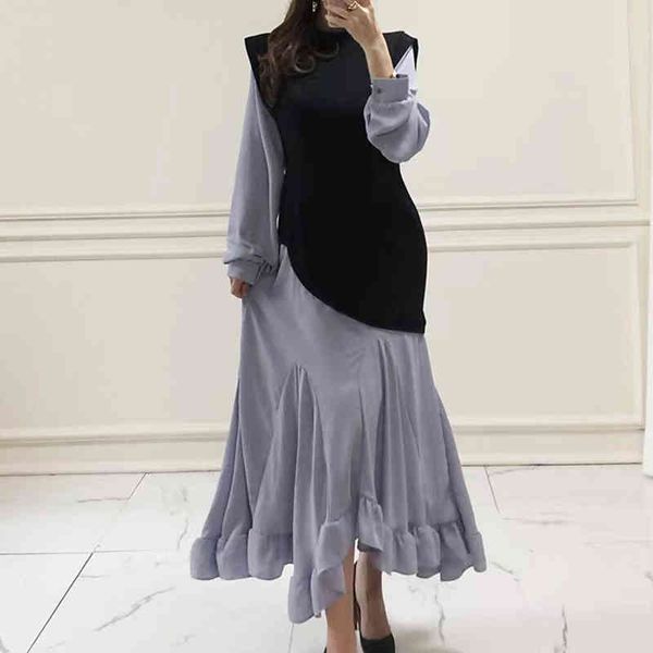

casual dresses [ewq] korea women round neck knit contrast color stitching fake two piece thin long ruffle dress female fashion 16e3798 kfuk, Black;gray
