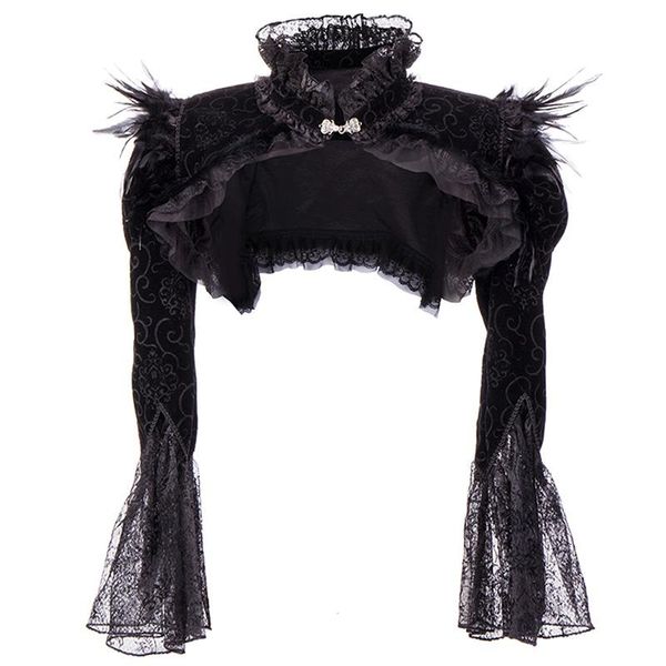 Piume di flanella nera vittoriana Giacca di pizzo Manica lunga Con volant Colletto alla coreana Bolero gotico Accessori per abbigliamento Cappotto Steampunk Jack da donna