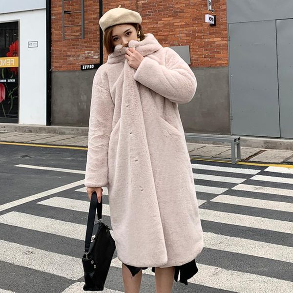

women's fur & faux 2021 winter brand thick warm jacket women coat solid hooded long coats female lapel outerwear, Black