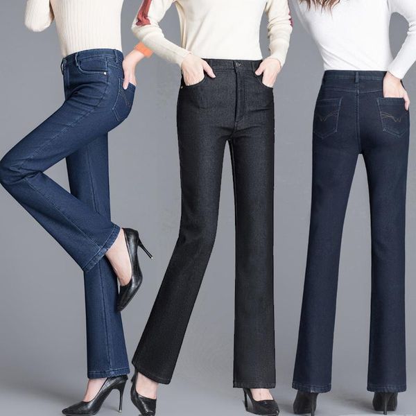 

women's jeans makuluya denim high waist summer middle-aged lady thin bootleg plus size straight sheath pants ladies trousers l, Blue