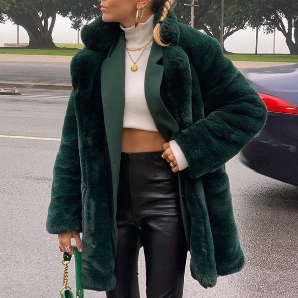

women's fur & faux fashion solid long sleeve coats women elegant notched loose jackets winter ladies, Black