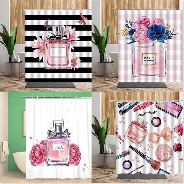 Feminino banheiro cortina de chuveiro rosa frasco de perfume vintage floral borboleta casa decoração moda moderna impresso tecido banho cortina 211116