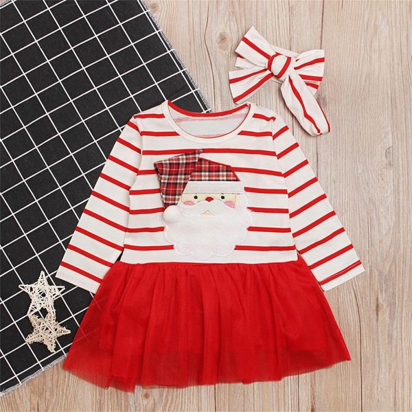 Vestidos da menina bebê meninas vestido de natal + headband santa claus pouco roupa fofo casual xmas listrado crianças anos