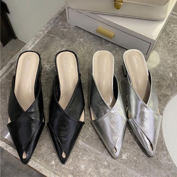 

summer fashion women black silver low high heels slides mules designer beach slippers pointed closed toe hollow out shoes