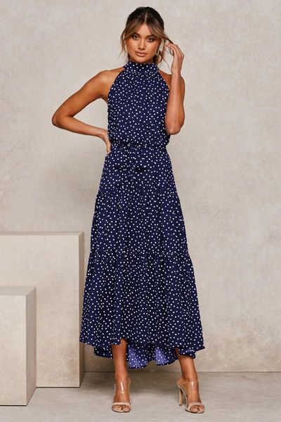 

casual dresses bohemian dress summer printed big hem lady ankle-length slim sleeveless sashes women fashion dot print, Black;gray