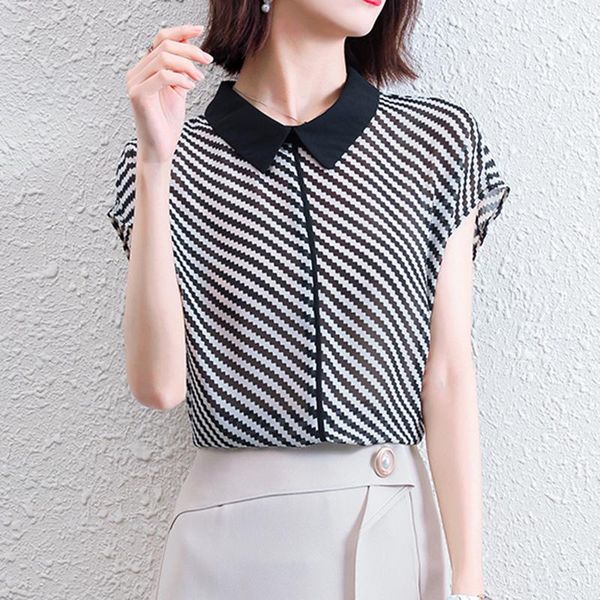 

women's blouses & shirts ljsxls camisas de mujer short sleeve elegant shirt women 2021 casual striped office womens clothing summer plu, White