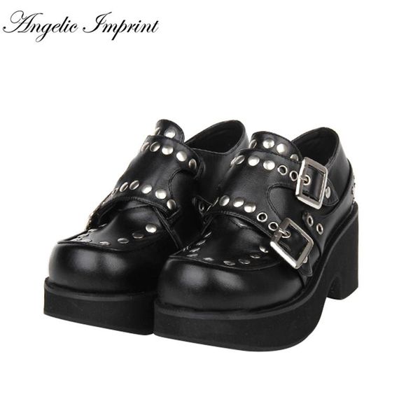 

dress shoes handmade rivet buckle straps punk lolita thick platform for female, Black
