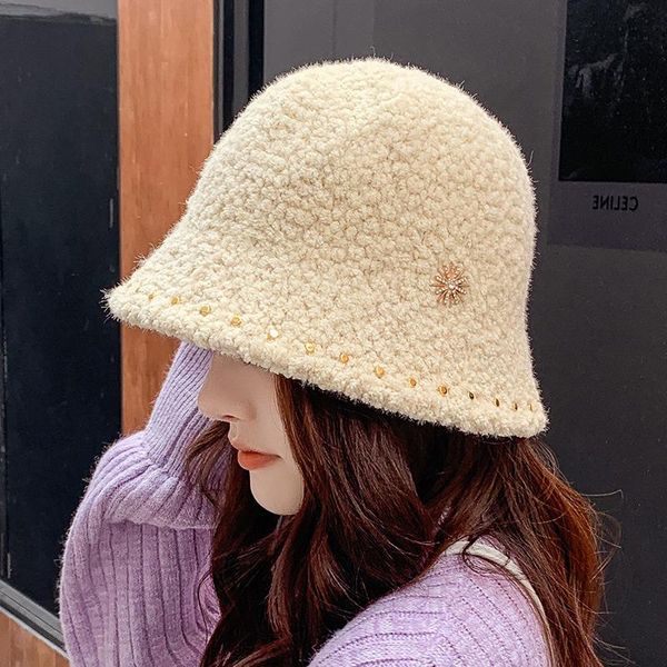 

stingy brim hats 2021 solid color women winter warm knitted basin cap japanese bucket fisherman little daisy studded plush hat, Blue;gray
