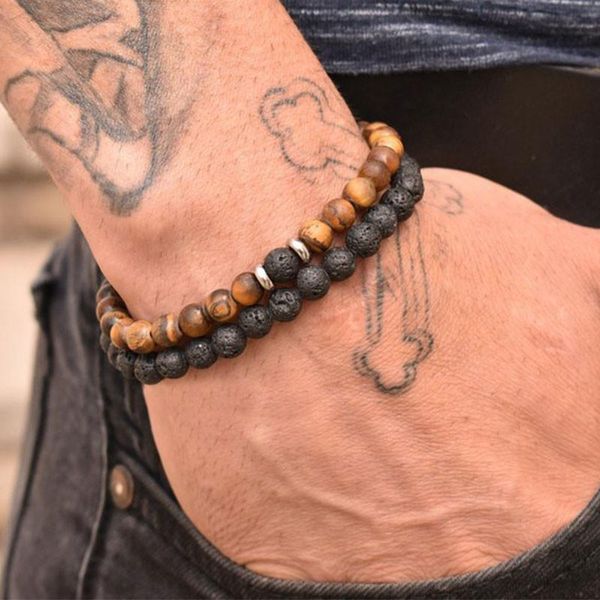 

beaded, strands 2pcs/set fashion men bracelet natural stone tiger eye lava bead for women jewelry gift classic pulsera hombre, Black