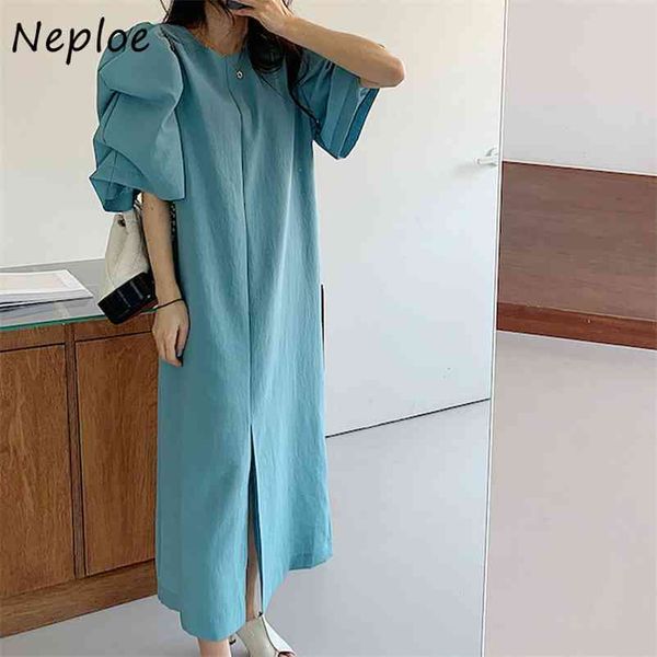 

o neck puff short sleeve solid dress women high waist hip split design a line long vestidos summer loose robe 210422, Black;gray