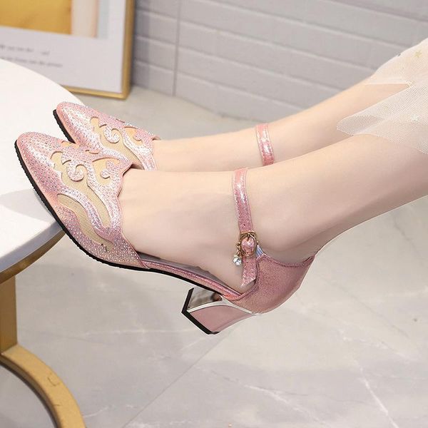 

dress shoes summer women crystal sandals ankle buckle pumps chunky heel ladies pointed toe elegant fashion female stilettos, Black