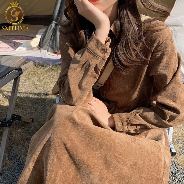 

spring long-sleeved corduroy shirt dress casual vintage single-breasted vestidos 210520, Black;gray