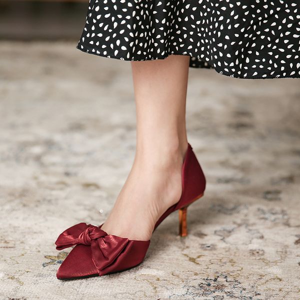 

175-21 net high heel's spring satin red wedding pointed thin heel bow shallow single sho, Black