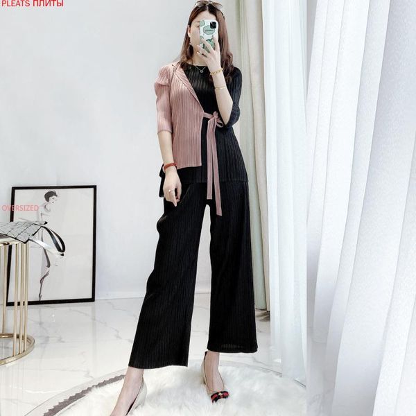 

miyake folds temperament set spring and summer casual loose show thin fashion wide-leg pants two-piece suit pleats trousers women's two, White