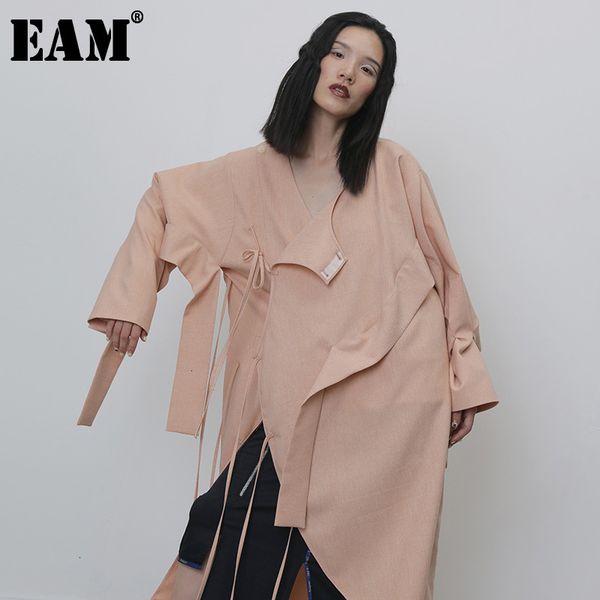 

[eam] women bandage split big size trench round neck long sleeve loose fit windbreaker fashion spring autumn 1h266 21512, Tan;black