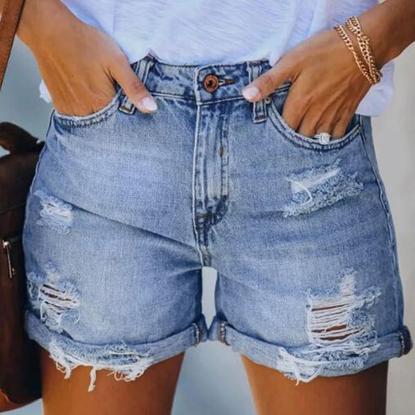 

high waist fashion pocket womens jeans solid denim pants hole bottom casual fleece shorts, Blue