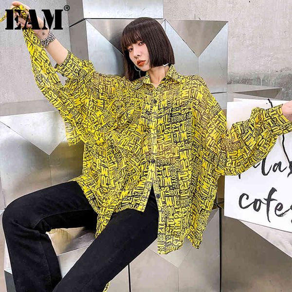 

[eam] women big size printing irregular blouse lapel long sleeve loose fit shirt fashion spring summer 1dd6542 210512, White