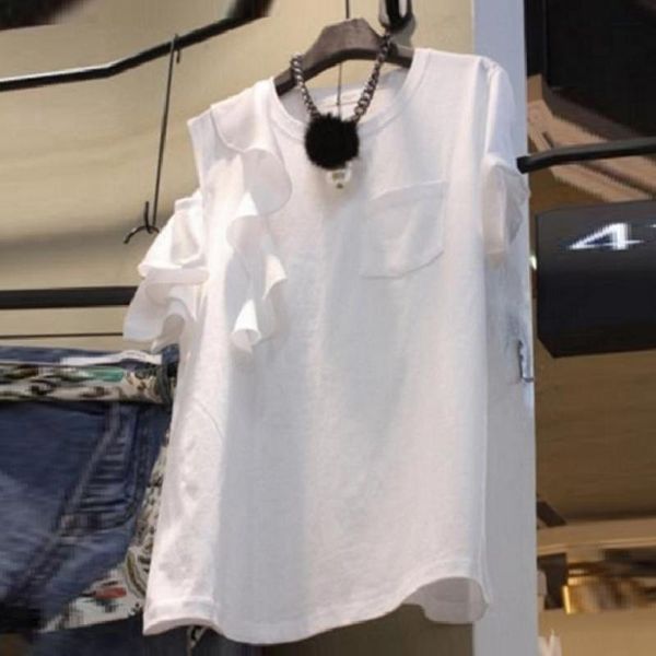 

spring summer ruffles patchwork off-the-shoulder hollow out short-sleeved solid white t-shirt women's