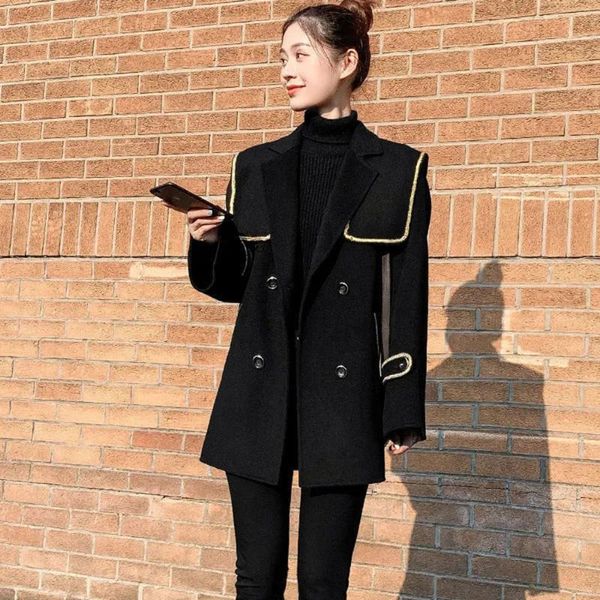 Misturas de lã feminina 2021 Autumn Winter Woolen Coat Hepburn Style Navy Collar Midlel Black Lapel Mulheres elegantes solteiras