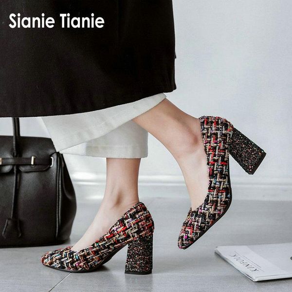 

dress shoes sianie tianie classic woman pumps fashion lady stilettos glitter bling sequined block high heels women plus size 45, Black