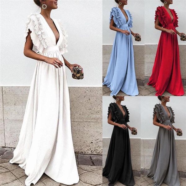 

womens ruffles dress flying sleeve party long solid color formal lady deep v neck high waist backless, Black;gray