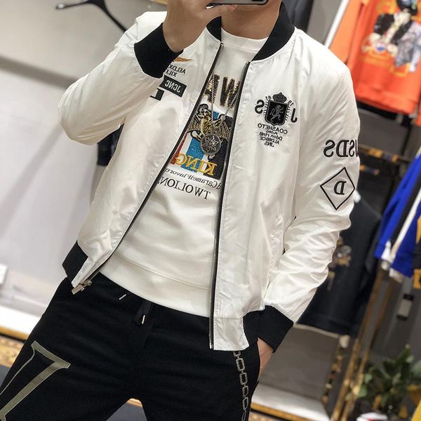 

men's jackets men jacket spring fashion brand slim badge embroidery baseball uniform casual j trend plus size 4xl stand collar coat, Black;brown