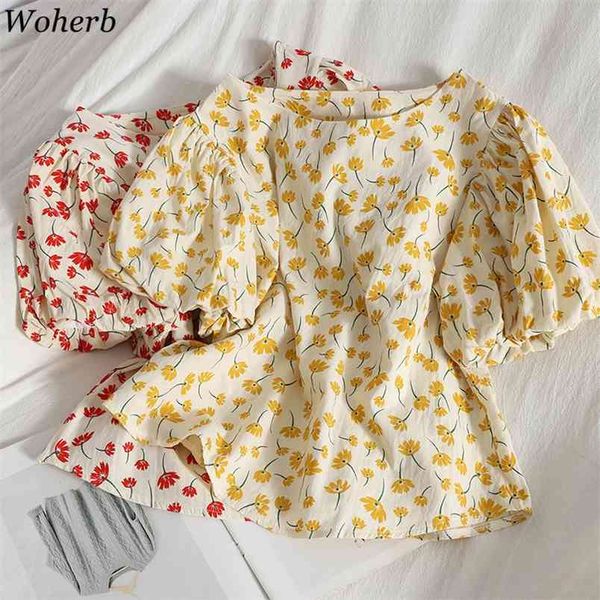 

summer korean floral print women blouses tunics short puff sleeve o-neck chic fashion casual ladies blusa mujer 210519, White