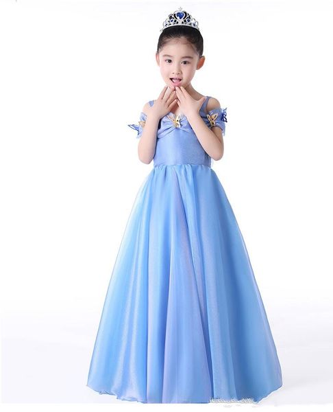 Pretty Mavi Organze Sapanlar Kızın Pageant Elbiseler Çiçek Kız Elbise Prenses Parti Elbiseler Çocuk Etek Custom Made 2-14
