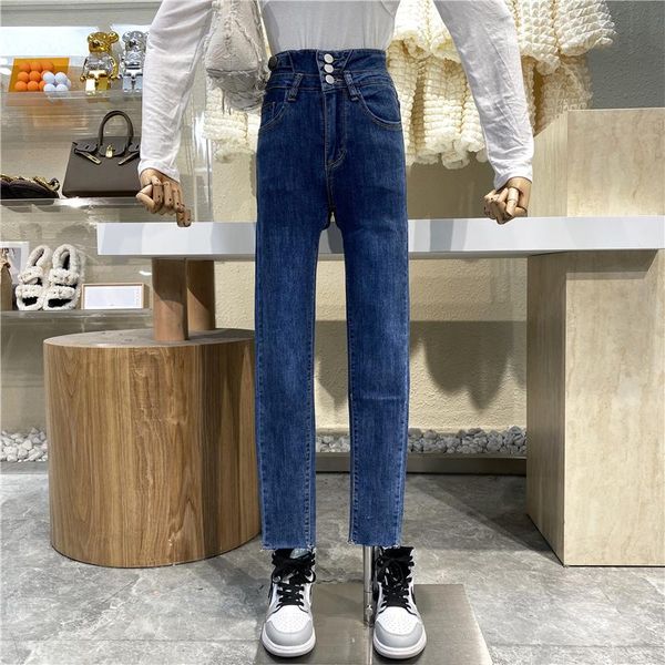 

women's jeans brand original design 2021 fashion three button high waist slim tight elastic lace leggings capris trousers, Blue
