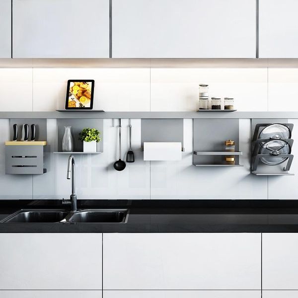 

gray aluminum kitchen rack wall-mounted knife storage dish hook bottles & jars