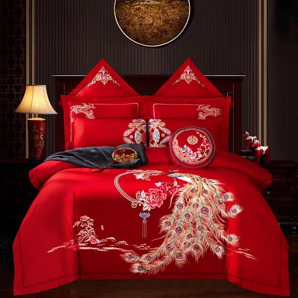 

bedding sets luxury gold phoenix embroidery red chinese wedding 100s egyptian cotton set duvet cover bed sheet bedspread pillowcase