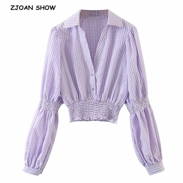 Francês Lapela V Pescoço Lavender Verificação Xadrez Camisa Retro Longa Ovelhas Pernas Puff Sleeve Mulheres Blusa Curto Tops Roxo 210429