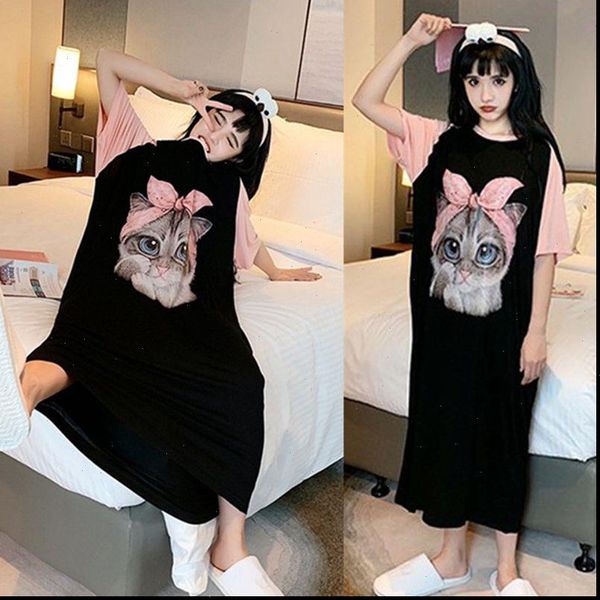 

oversized summer loose cartoon leisure womens sleepwears short sleeve thin nightgowns printing fruits big size nightdress, Black;red