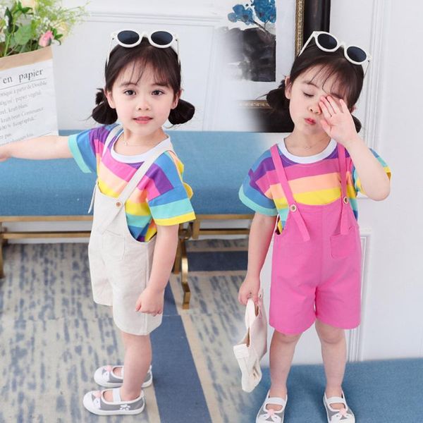 

clothing sets girls rainbow tshirt + jumpsuit tracksuits for patchwork tracksuit girl casual style children's, White