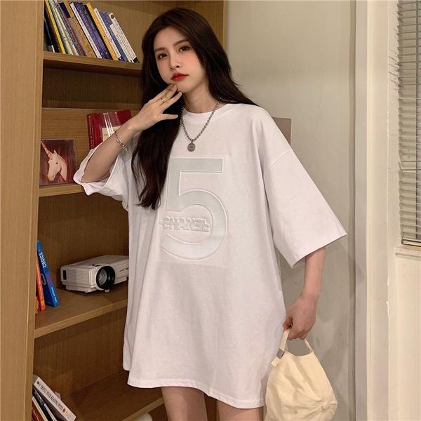 

women's t-shirt cotton 2021 summer style all-match casual short-sleeved female concave-convex reflective tide long harajuku, White
