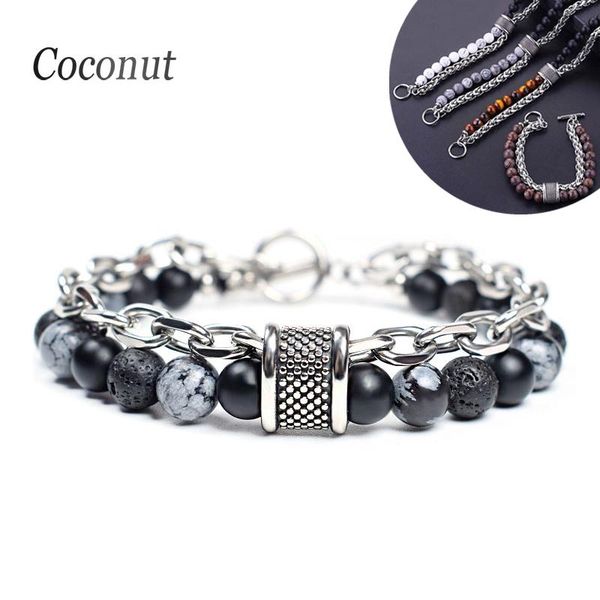 

link, chain natural stone beaded bracelet for women men stainless steel link lava tiger eye beads charm bracelets male jewelry, Black