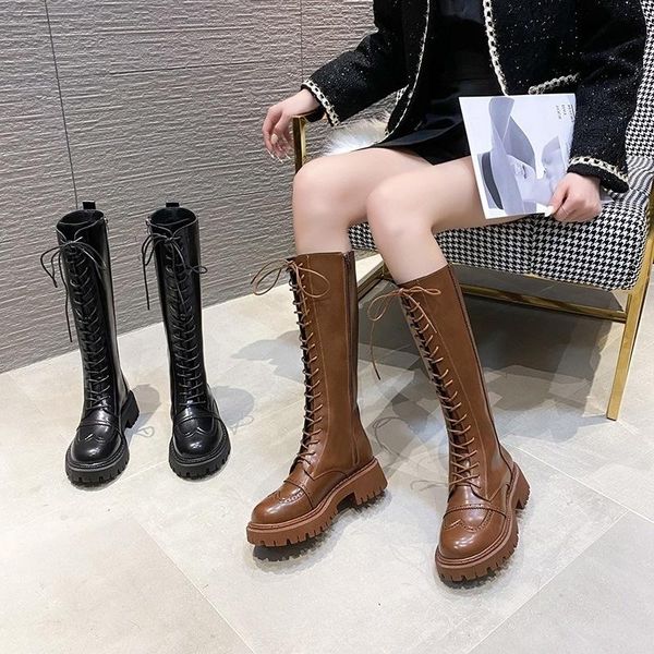 

dress shoes black boots women's autumn winter 2021 lace up knee high long