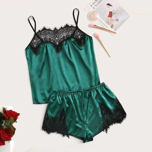 2 pezzi Set pigiama lingerie sexy Fionda in pizzo nero Taglie grandi Estate Senza maniche Verde Pijama Abiti da notte da donna Q0706