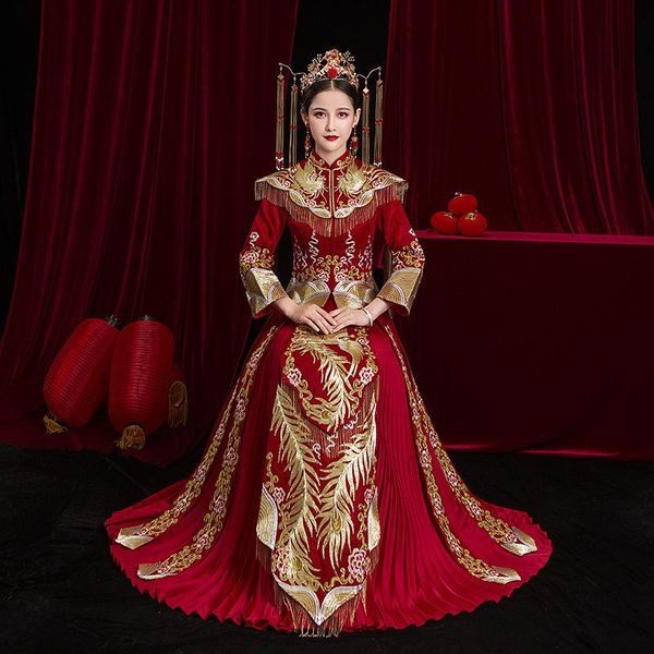 

plus size 3xl style add rhinestone embroidery ancient bride wedding dress retro chinese cheongsam long section ethnic clothing, Red