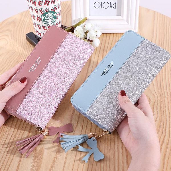 

wallets 2021 women wallet long ladies zipper female korean style stitching tassel card holder mobile phone bag carteras mujer, Red;black