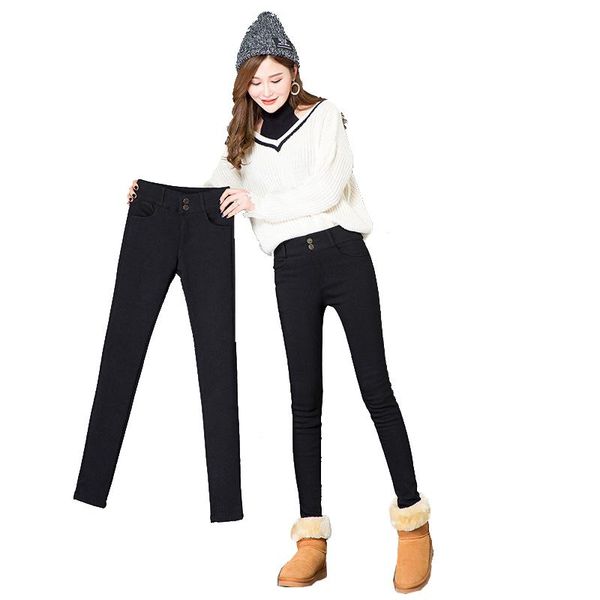 

women's pants & capris 2021 winter warm leggings ladies mid waist thick jeans women casual skinny pencil double button slim female trou, Black;white