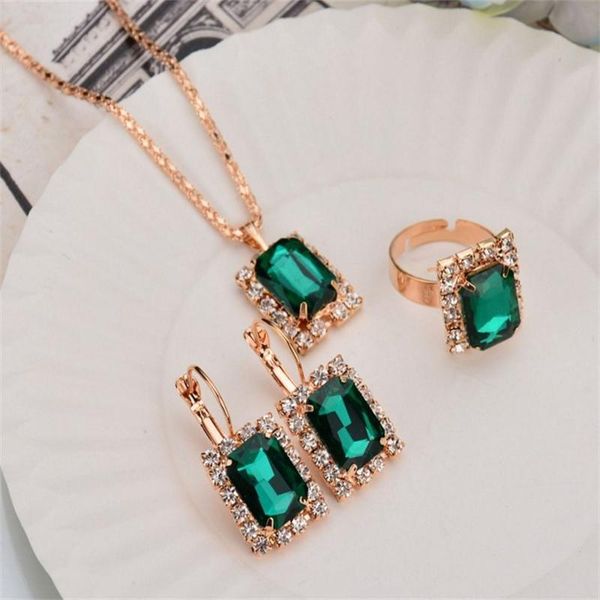

earrings & necklace fashion color crystal inlaid high-end set ring three-piece wedding jewelry wholesale, Silver