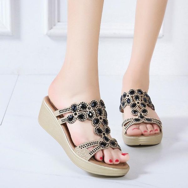 

rhinestone slippers women summer beach plus size casual shoes female high heel crystal slipper elegant lady, Black