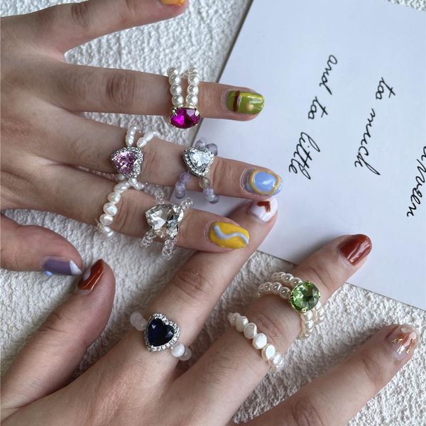 

wedding rings aomu 2021 korea fashion colorful heart crystal pearl for women party jewelry handmade beaded elastic gifts, Slivery;golden