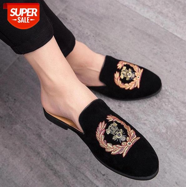 

men's suede leather open back slip-on dress slippers on backless velvet loafers lazy person half shoe for men mules zapatos #it8b
