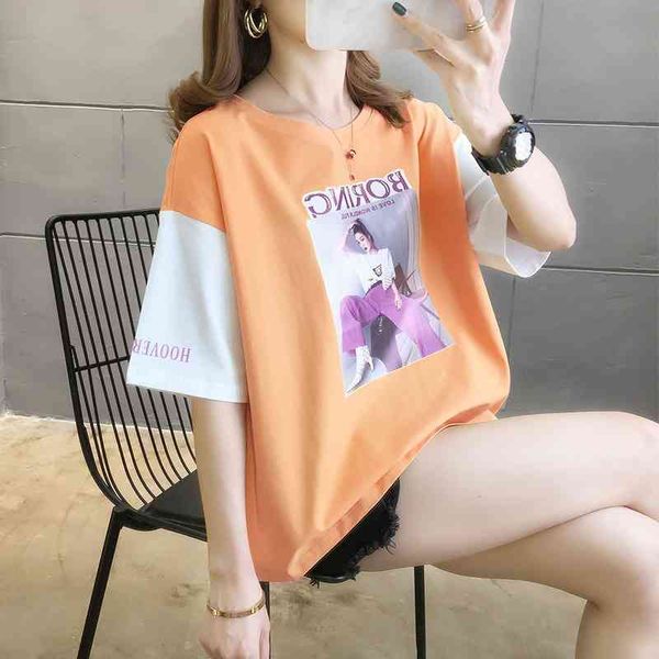 

cotton 2021 summer new color matching printing women's round neck loose korean base women's short sleeve t-shirt, White