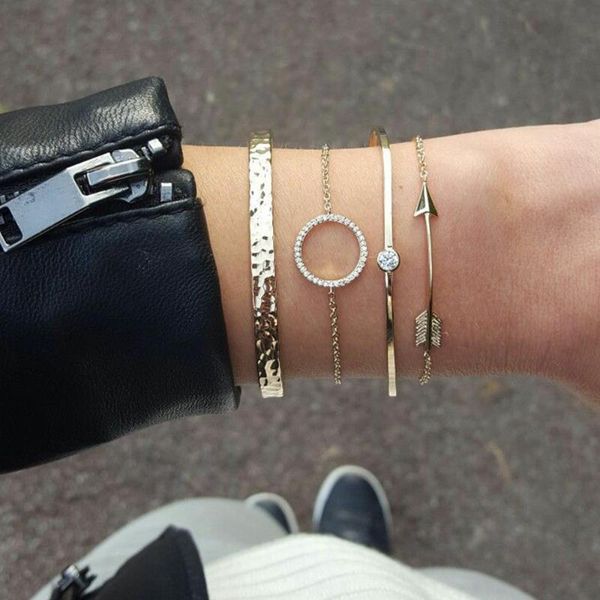 

cuff 4 pcs/set women punk gold circle crystal arrow irregular geometric chain bracelet set charm beach jewelry accessories, White