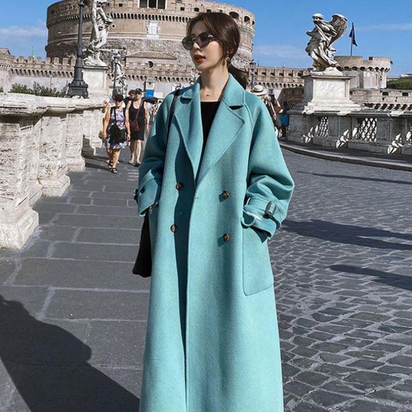 

women's wool & blends [ewq] korea chic 2021 autumn winter long loose thick temperament gentle wind casual double breasted woolen coat, Black