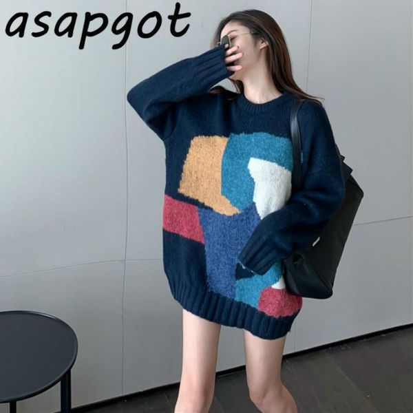 

autumn winter thick mohair blue o neck contrast color pullovers knitted sweater women retro casual pull femme fashion jacket women's sw, White;black